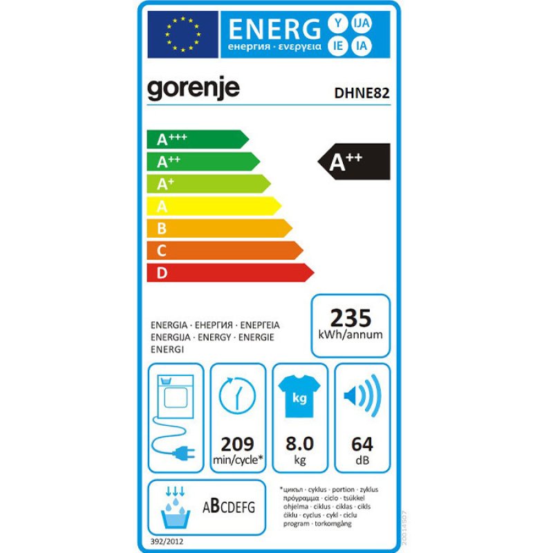 GORENJE DHNE82 Στεγνωτήριο 8kg A++ με Αντλία Θερμότητας 0040778