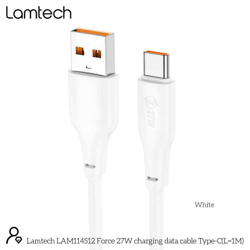 LAMTECH LAM114512 USB 2.0 Καλώδιο USB-C male - USB-A 27W Λευκό 1m 0041012