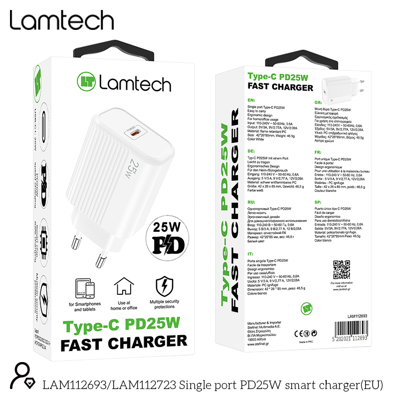 LAMTECH LAM112693 Φορτιστής χωρίς Καλώδιο με θύρα USB-C 25W Power Delivery Whites 0041030