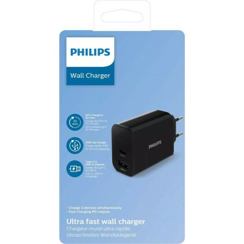 PHILIPS DPL2621-12 Φορτιστής Χωρίς Καλώδιο με Θύρα USB-A και Θύρα USB-C 30W Power Delivery Μαύρος 0039159