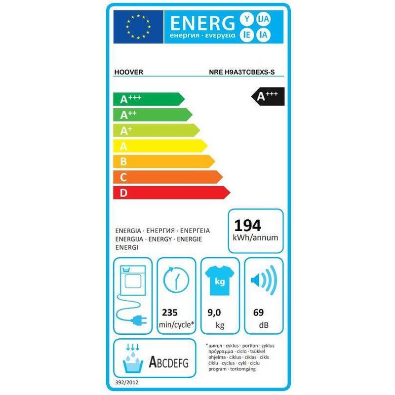 HOOVER NRE H9A3TCBEXS-S Στεγνωτήριο 9kg A+++ με Αντλία Θερμότητας 0039653